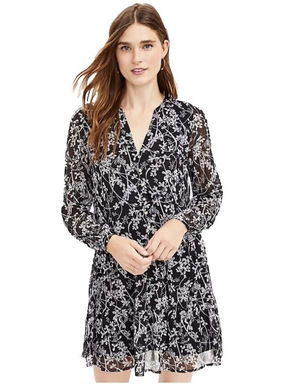 LOFT Black Floral Drop-waist Dress